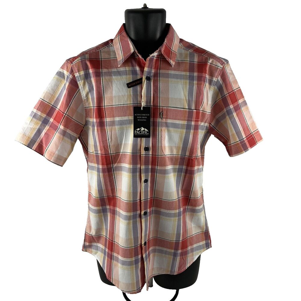 New Mens Pacific Outfitters Button Up Hiking Outdoor  SS Shirt Sz S NWT Plaid